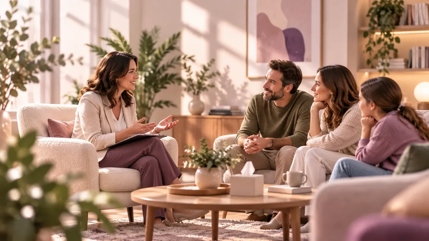 Immagine illustrativa: una psicologa a colloquio con una famiglia, padre, madre e figlia, in uno studio luminoso.