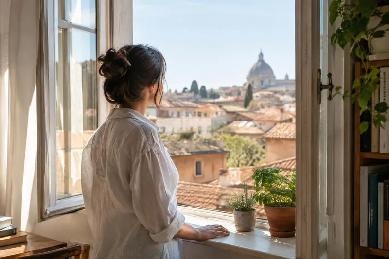 Foto generata con l'IA: una donna vista di spalle guarda i tetti della città da una finestra aperta, al mattino.