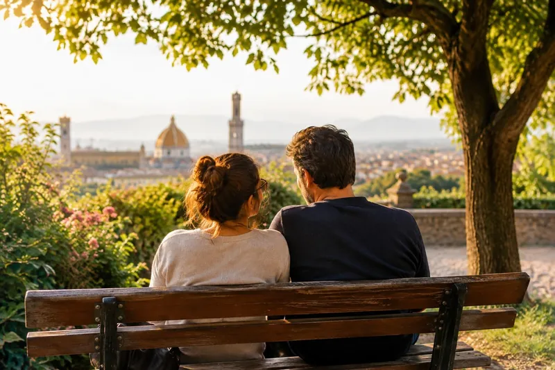 Foto generata con l'IA: una coppia vista di spalle su una panchina, davanti a una città al tramonto.