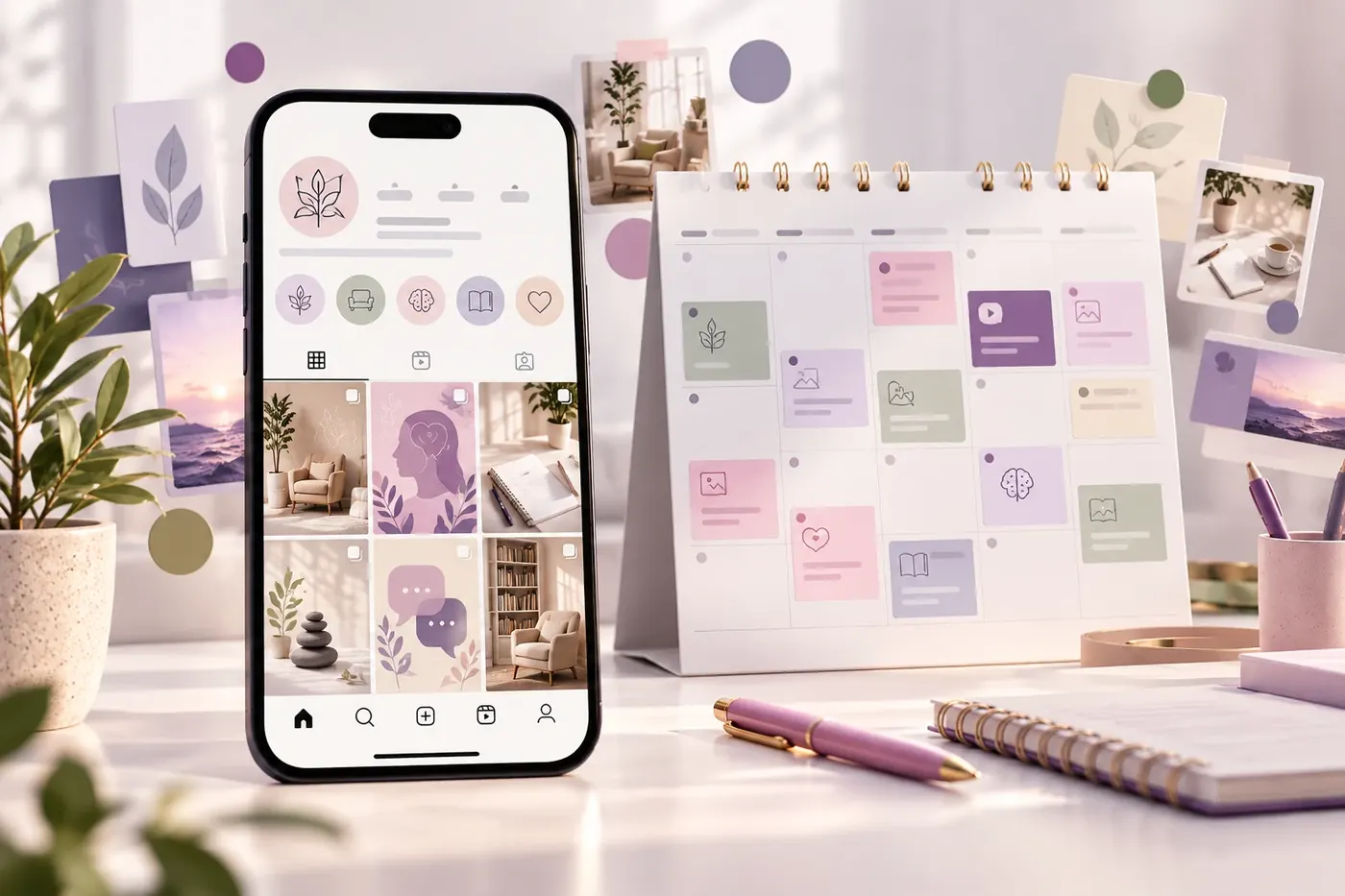 Immagine illustrativa: un telefono con la griglia di un profilo social accanto a un calendario editoriale da tavolo, nei toni del lilla e del rosa.